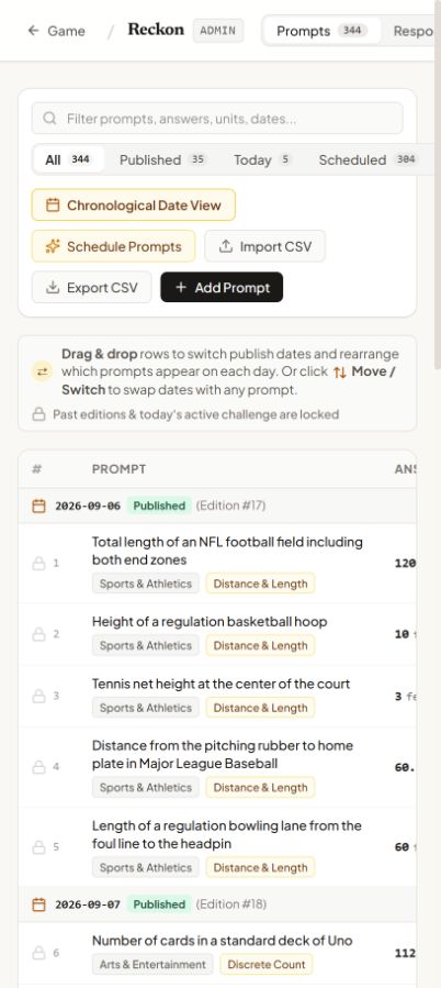 Mobile view of the Reckon prompt admin with filters, scheduling tools, and dated prompt rows