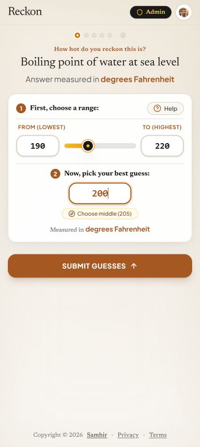 Mobile Reckon question screen with low, high, and best-guess inputs
