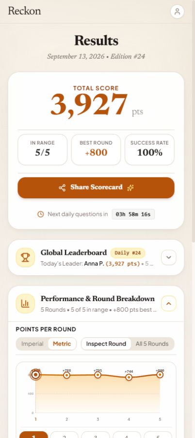 Mobile Reckon performance view with a points-per-round chart and round inspection controls