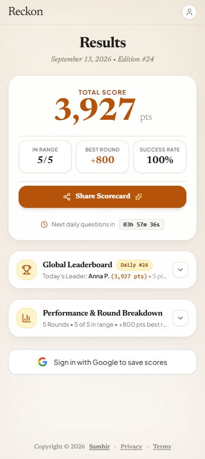 Mobile Reckon result screen showing total score, rounds in range, best round, and success rate